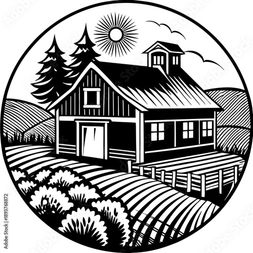 Rustic farmhouse on vast agricultural land with silo and forest