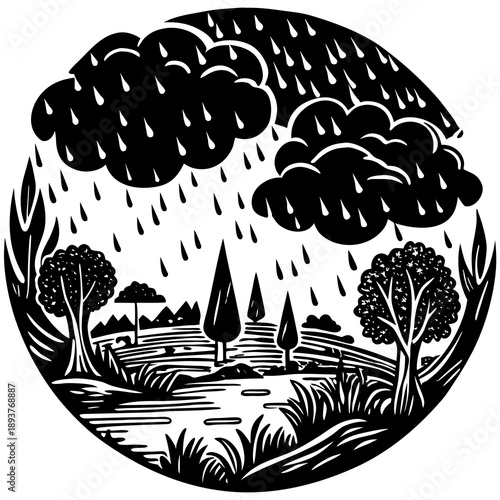 Rainy landscape with trees and mountains in vintage style