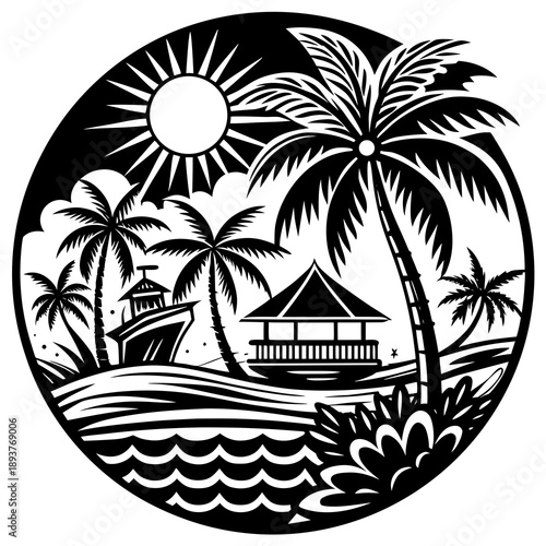 Serene tropical island getaway with palm trees and beach hut