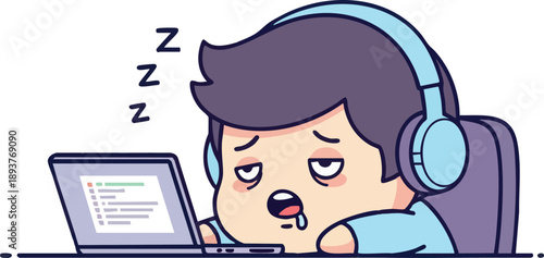 Tired Cartoon Man Sleeping at Laptop.