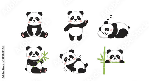 Cute panda cartoon character set, isolated on white background, showing various actions and emotions