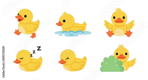 Collection of cute yellow ducklings in various adorable poses and actions, isolated on white background
