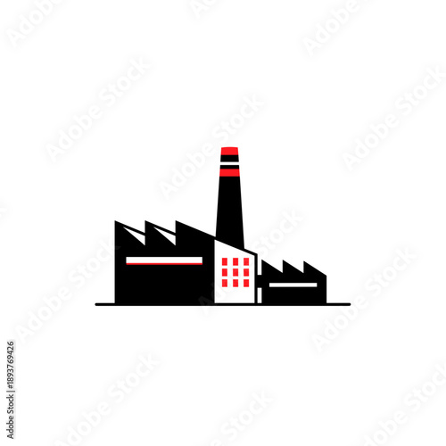 Vector image of Factory building design in flat style with red and black colors