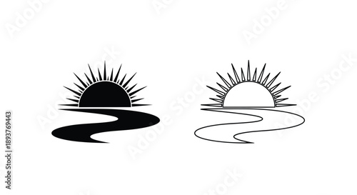 Two stylized sun and water reflections in black and white