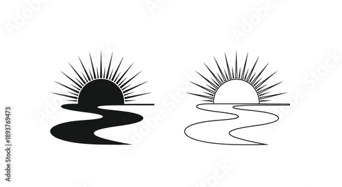 Two minimalist sun designs over wavy lines one dark and one light