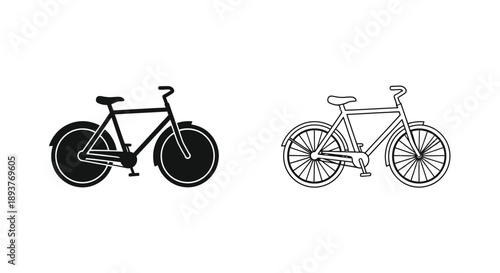 Two bicycle illustrations a solid silhouette and a line drawing