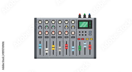 Audio mixer with sliders and knobs, for music production, illustration.