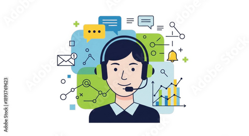 Customer service operator with headset and icons, illustration.