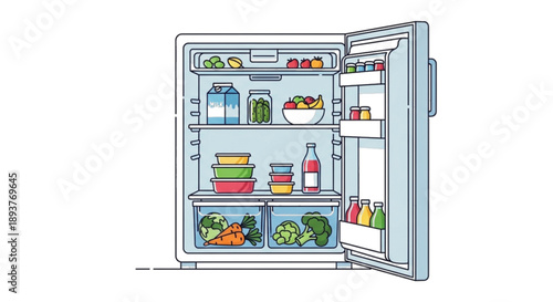 Open refrigerator filled with fresh food and drinks, illustration.