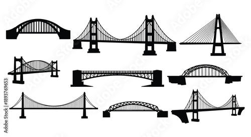 Black and white silhouettes of various bridge designs and structures