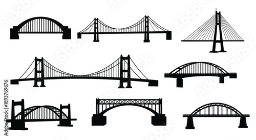 Collection of diverse bridge silhouettes in a black and white illustration