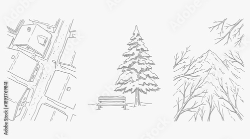Bench, Tree, Mountain, Urban Park, Hand-drawn Illustration, Tranquil Environment