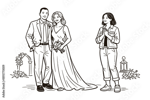 Wedding couple with guest congratulating, romantic ceremony scene, vector illustration