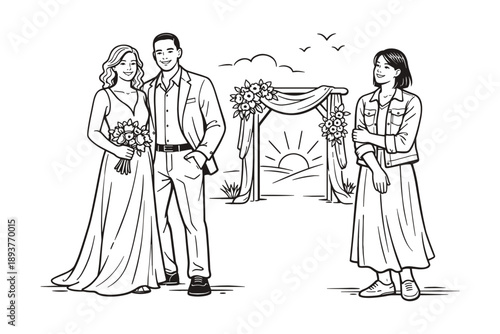 Wedding couple with guest at outdoor ceremony, romantic event, vector illustration