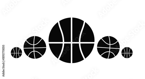 Black and white illustration of basketballs in varying sizes