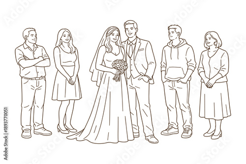 Wedding couple with family and friends, group celebration scene, vector illustration