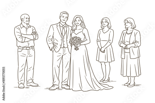 Bride and groom with guests at wedding ceremony, family celebration, vector illustration