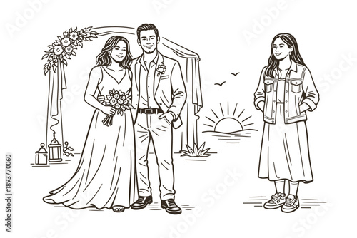 Wedding couple with guest at sunset ceremony, romantic celebration, vector illustration
