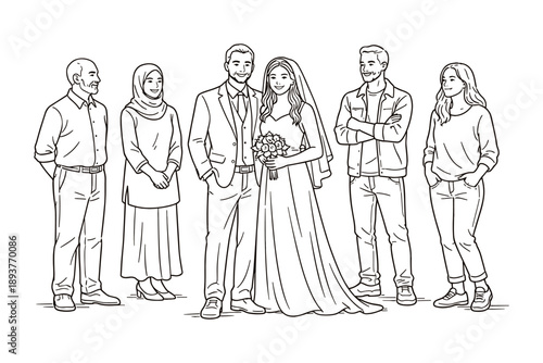 Multicultural wedding couple with family and friends, group celebration, vector illustration
