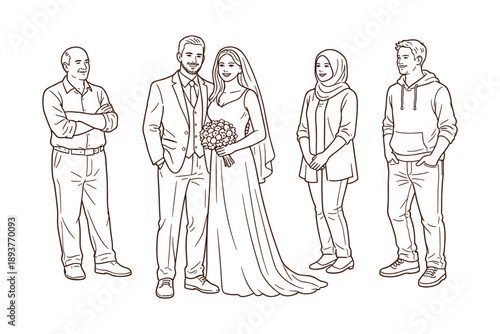 Wedding couple with multicultural guests, happy celebration moment, vector illustration