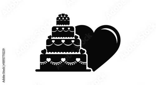 A black and white illustration of a tiered cake with a heart