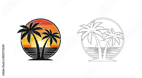 Tropical sunset scene with palm trees presented in color and line art