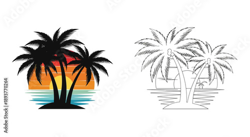 Palm trees silhouette against a sunset and its line art version