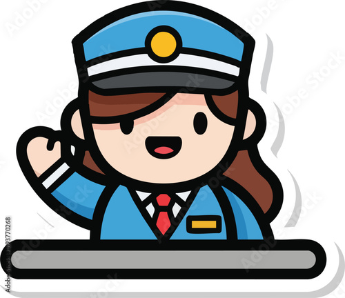 Cartoon Female Train Conductor Waving Hand.