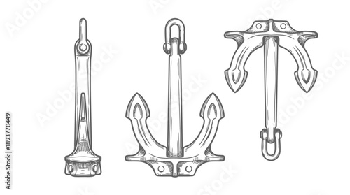 Illustration of Various Anchors, Nautical Theme, Marine Context, Sketch Art, Coastal Vibes