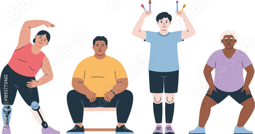 Inclusive Adaptive Yoga & Breathing Group with Prosthetic Representation - Diverse Wellness Vector Illustration