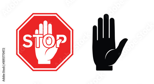 A red stop sign and a black silhouette of a hand displaying a halt gesture