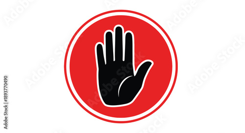 A red circle with a white outline containing a black hand symbol