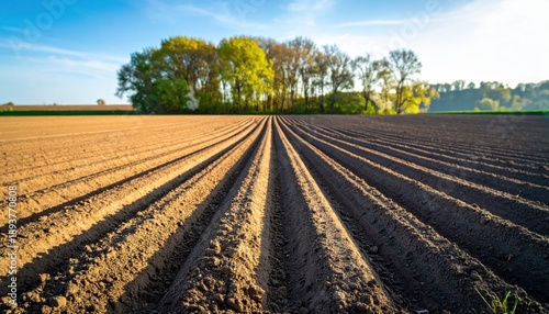 A freshly plowed agricultural field with distinct rows stretching towards distant trees.