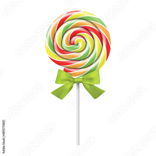 Round candy with striped swirl design on stick with bow, bright colors, used for decoration or treat