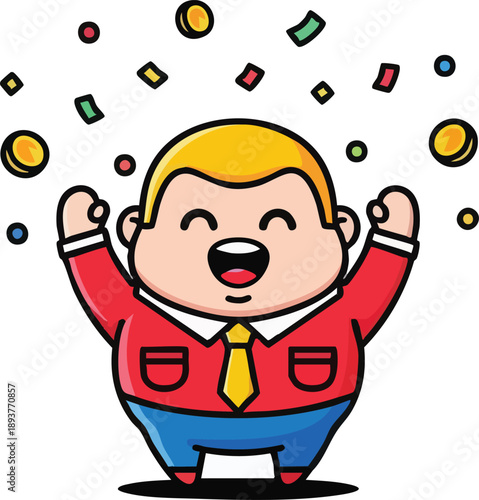 Cartoon Man Celebrating with Confetti Around.