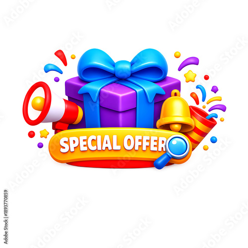 A festive 3D illustration of a big gift box bursting with confetti and a loudspeaker, symbolizing online shopping discounts, promo codes, gift certificates, and holiday sales.