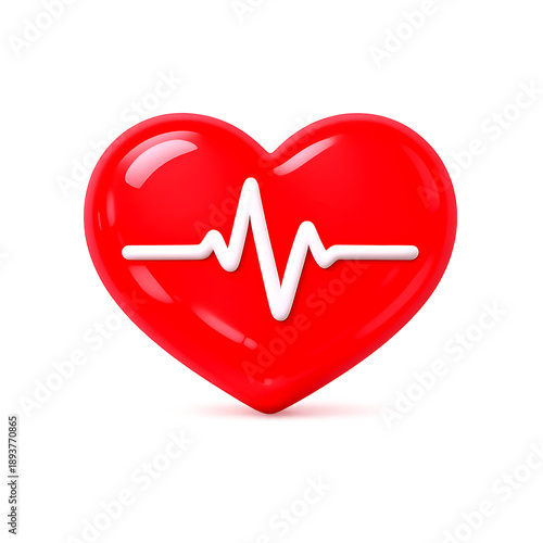 A cartoon-style 3D rendering of a red heart with a pulse line, symbolizing medical check-ups, cardiograms, healthcare, and life-saving protection.