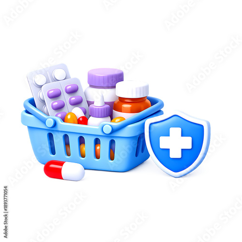 A 3D illustration of a shopping cart filled with jars of pills, capsules, and vitamins, symbolizing online medicine orders.