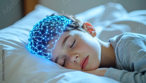 Sleeping Child with Glowing Brain, Concept of Dreams, Sleep, and Neurology.