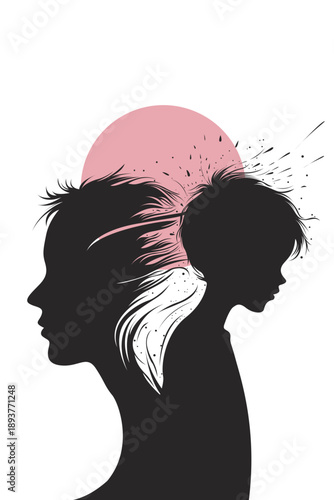 Inner Child Erupting from Woman Silhouette with Pink Sun Glow