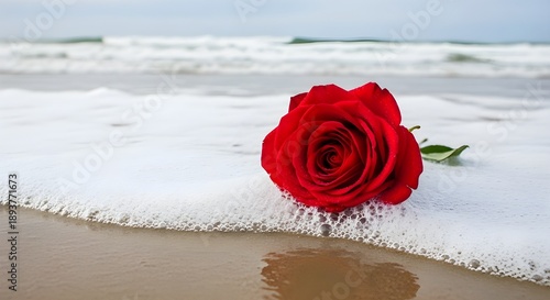 Mawar merah diatas busa pinggir pantai 