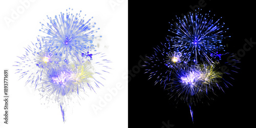 Deep blue and white fireworks bursts for celebration events on transparent background including dark background reference
