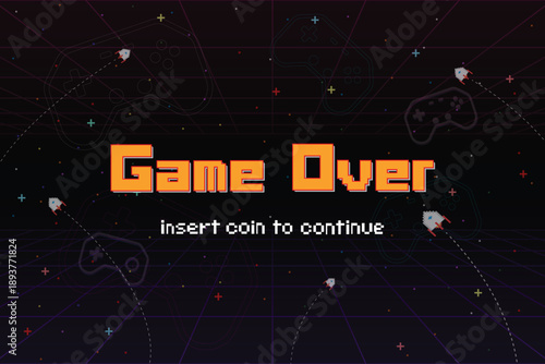 Game Over, Retro games for game assets in retro futuristic sci-fi background vector illustration. Glowing neon from an old arcade