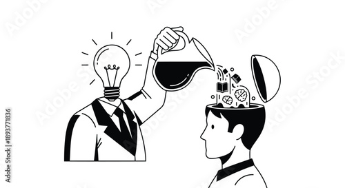 Vector illustration of business idea concept with lightbulb and gears pouring into head, for presentation or website