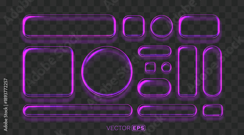Collection of glowing purple neon frames and buttons.
