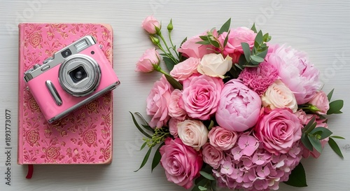 Kamera digital pink dengan buket bunga mawar pink 