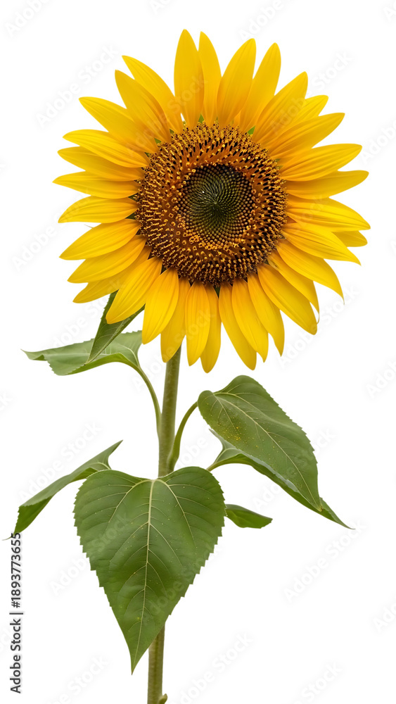 Fototapeta premium Vibrant sunflower with green leaves and bright yellow petals isolated on a transparent background