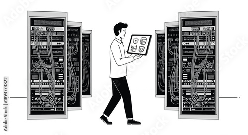 Man carrying computer hardware panel amidst server racks in data center
