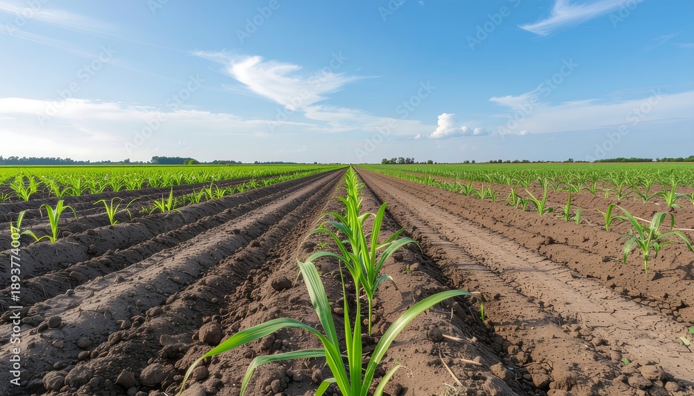 Obraz premium Young Corn Plants Growing in Rows on a Farm Under a Blue Sky