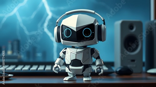 Robot with headphones ai generated image cute robot dj music production setup